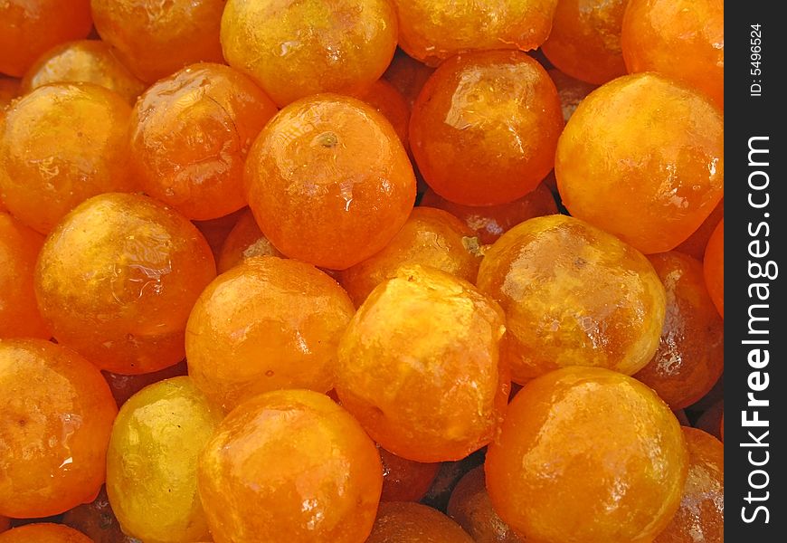 Closeup Of Candied Apricots In A Tray