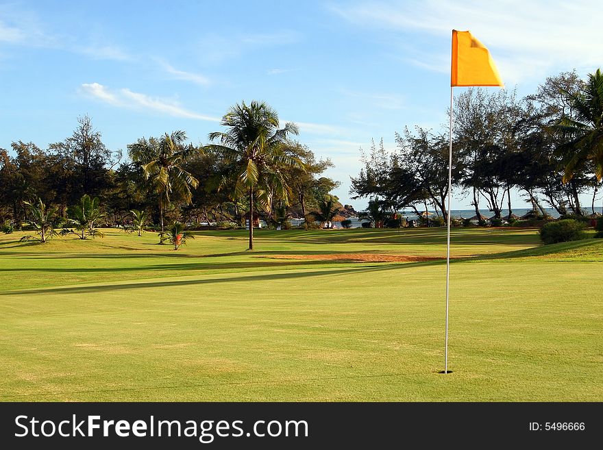 Shot of a beautiful green on a tropical golf course surounded with palm trees. Shot of a beautiful green on a tropical golf course surounded with palm trees.