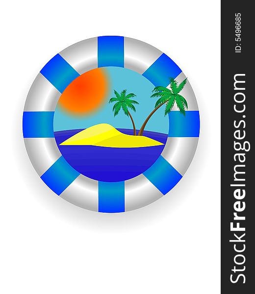 Emblem - a sea lifebuoy ring with tropical island in a vector