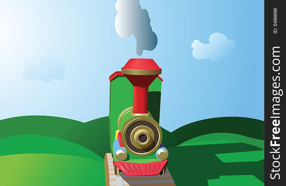 Steam locomotive on green hills. Cartoon.