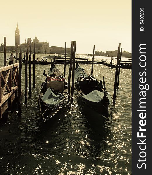 Gondolas in Venice in the evening