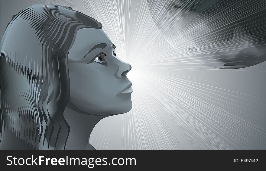 Stylized vector illustration of a woman staring at a sphere with white beams of light coming from the background. Stylized vector illustration of a woman staring at a sphere with white beams of light coming from the background.