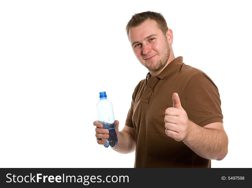 Casual man with bottle of water on white background. Casual man with bottle of water on white background