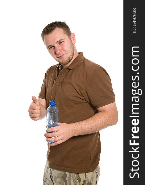 Casual man with bottle of water on white background. Casual man with bottle of water on white background