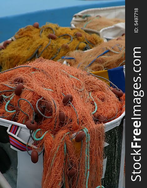 Closeup on colored nylon fishing nets