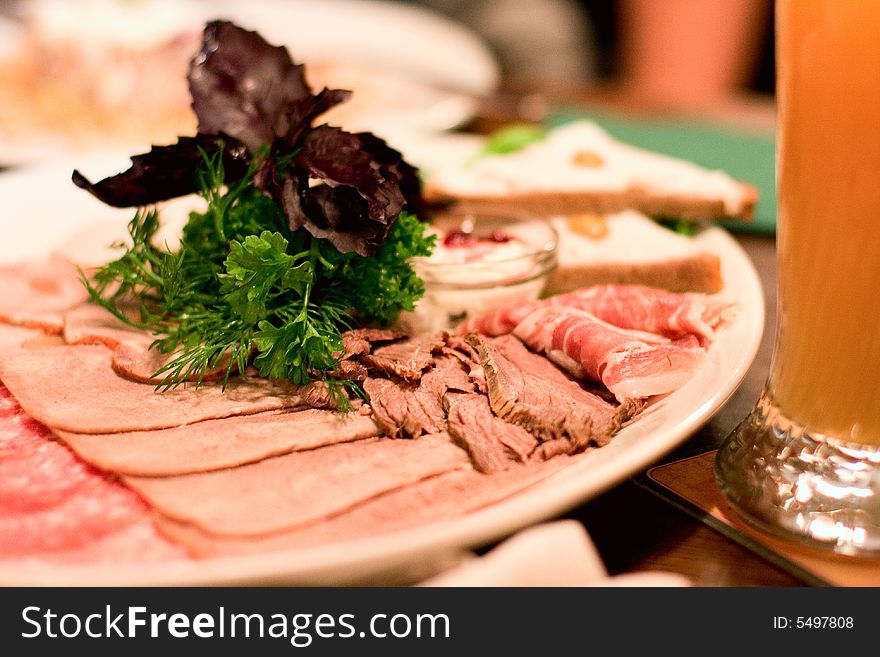 Close-up op of meat slices on a plate