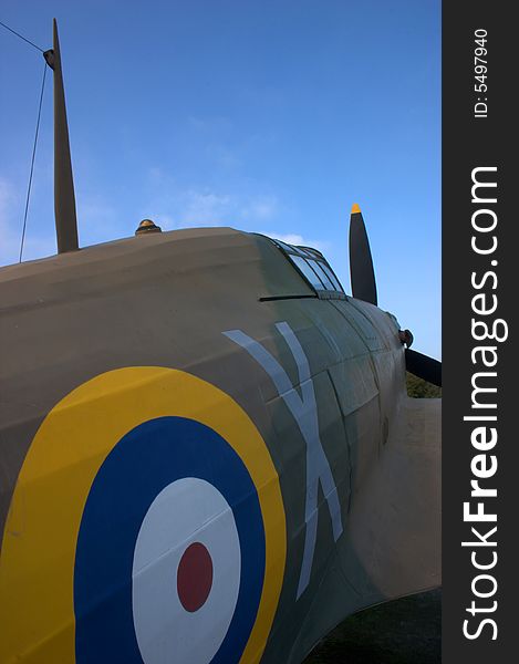 This is a full scale replica model of a world war two fighter plane. the shot was taken at the mamorial site in Capel Le Ferne near Dover, England. This is a full scale replica model of a world war two fighter plane. the shot was taken at the mamorial site in Capel Le Ferne near Dover, England.