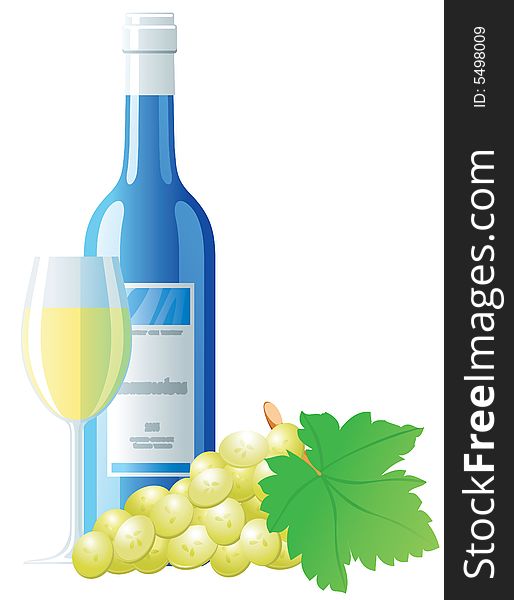 Blue bottle of white wine with glass and white grape isolated on white. Blue bottle of white wine with glass and white grape isolated on white