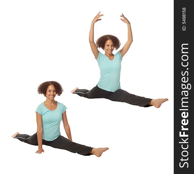 Flexible young woman doing a split with lowered and raised arms. Flexible young woman doing a split with lowered and raised arms