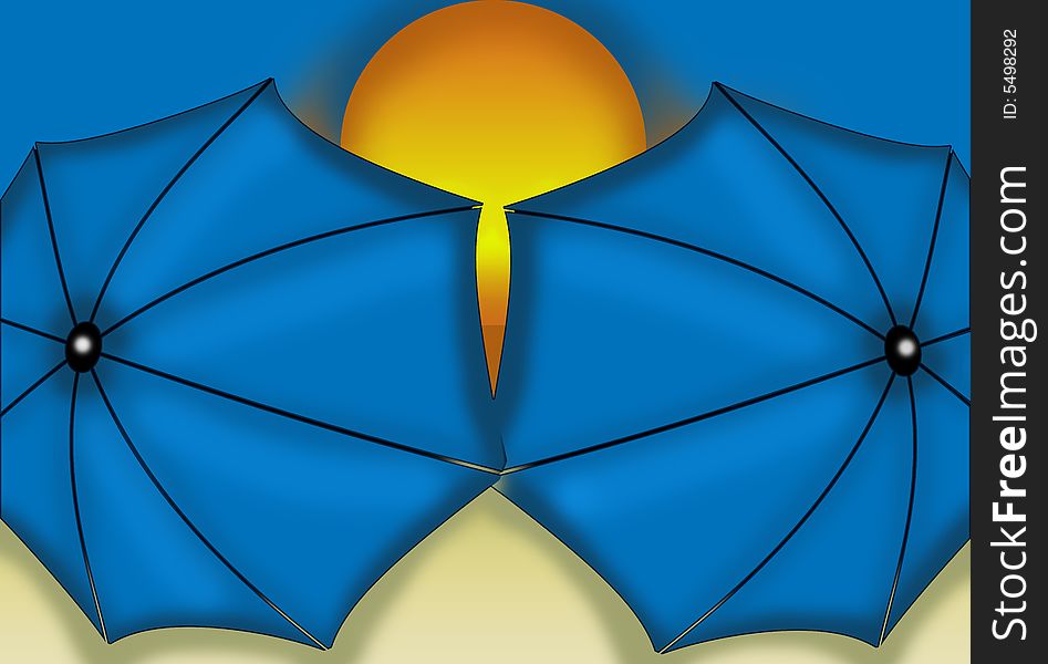 This is an illustration of two umbrellas sitting in the sand as the sun goes down. This is an illustration of two umbrellas sitting in the sand as the sun goes down.