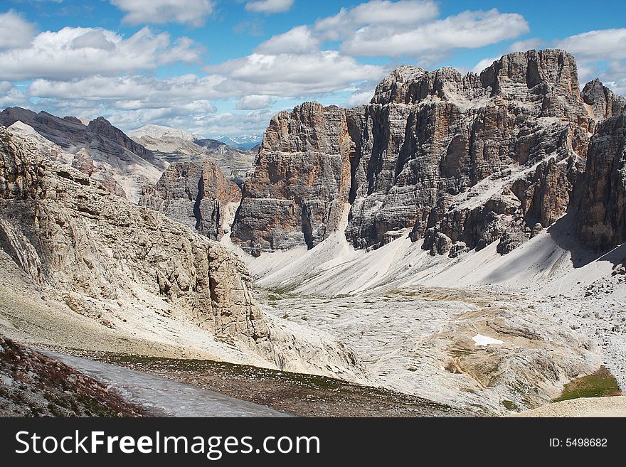 Panorama view from mountain in Italy - rock mountains and blue sky