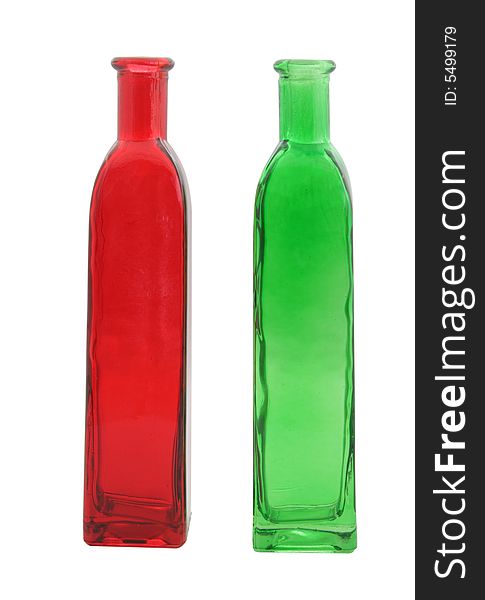 Red and green decorated bottles on white. Red and green decorated bottles on white