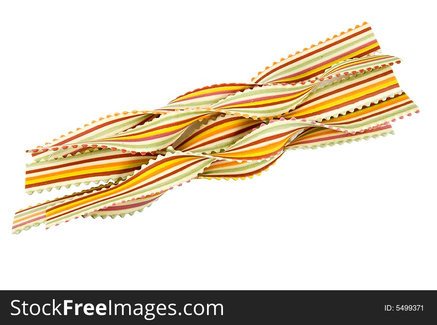 Colorful striped Italian pasta on white background