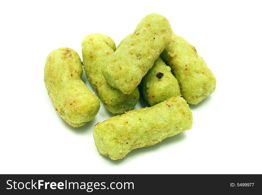 A pile of green peas snack isolated on white background.