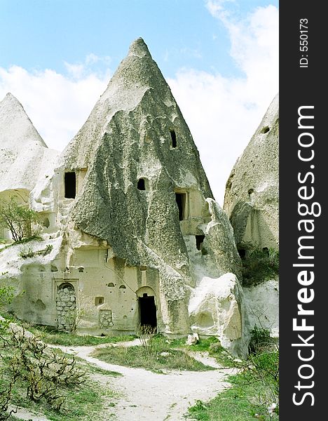 Fairy Chimney in Cappadocia, Turkey. These buildings were dug into volcanic rocks by early Christian communities.