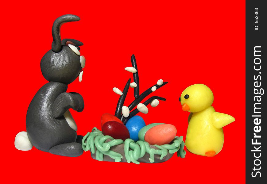 Easter bunny chicken and eggs - plasticine. Easter bunny chicken and eggs - plasticine