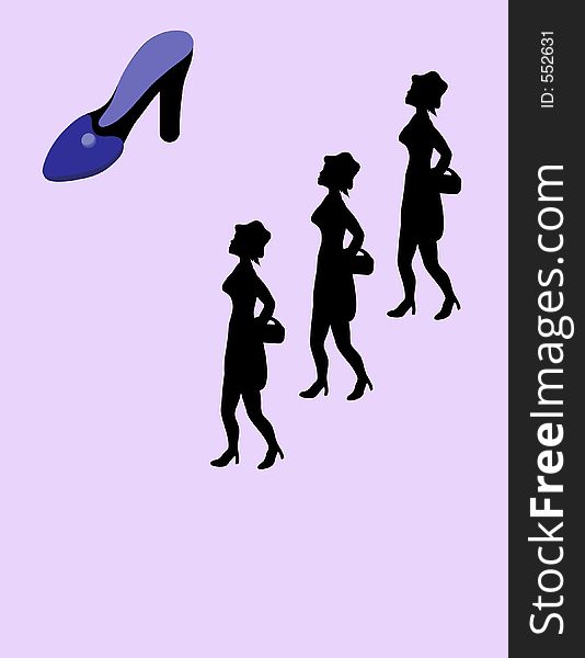 Three women in silhouette over purple background, looking at shoe. Hand drawn illustration,no model used. Three women in silhouette over purple background, looking at shoe. Hand drawn illustration,no model used.