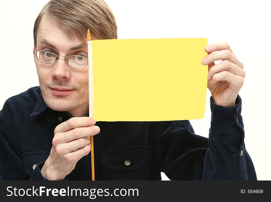 Man shows clean yellow flag. Man shows clean yellow flag