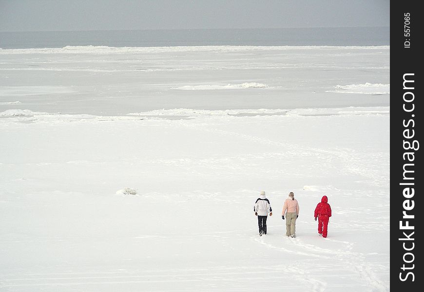 Three girlson snowy beach