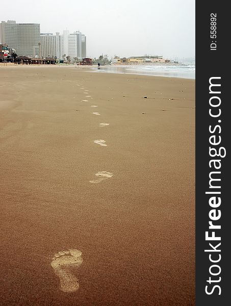 Barefoot prints on sand of winter beach