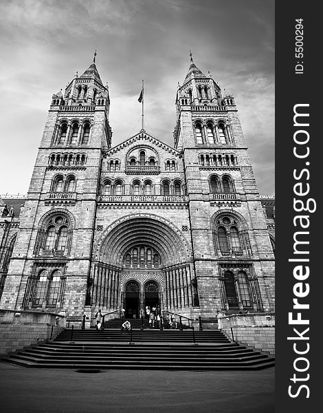 Natural History Museum at London in dramatic black and white