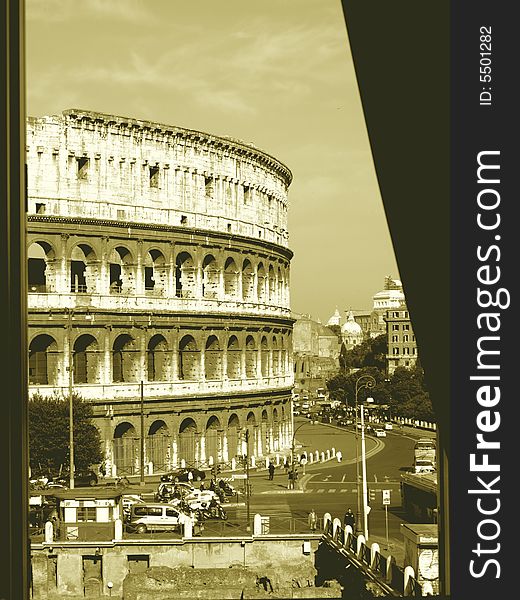 A monochrome image with the Coliseum viewed trough a window. A monochrome image with the Coliseum viewed trough a window