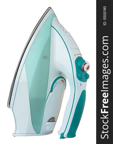 Modern electric iron with a corrosion-proof sole it is white - green color. Modern electric iron with a corrosion-proof sole it is white - green color