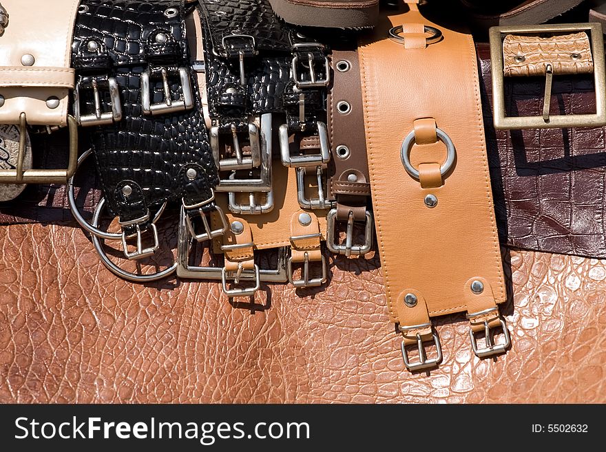 Hand made leather belts on display