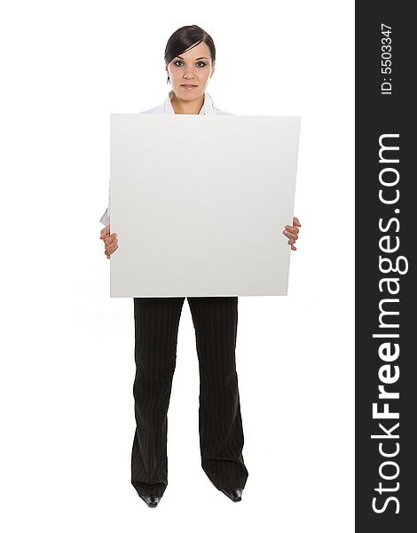 Attractive business woman with banner on white background. Attractive business woman with banner on white background
