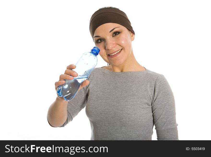 Attractive brunette woman with bottle of water. Attractive brunette woman with bottle of water