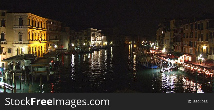 Panoramic view of Grande Canal Venice from Rialto bridge by night. Panoramic view of Grande Canal Venice from Rialto bridge by night