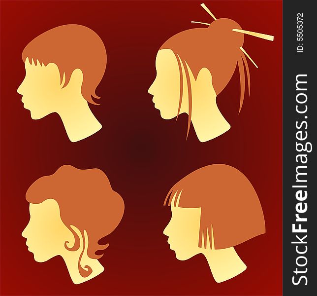 Four female heads with red hair and different hairdresses - short, long, classical and japanese. Four female heads with red hair and different hairdresses - short, long, classical and japanese.