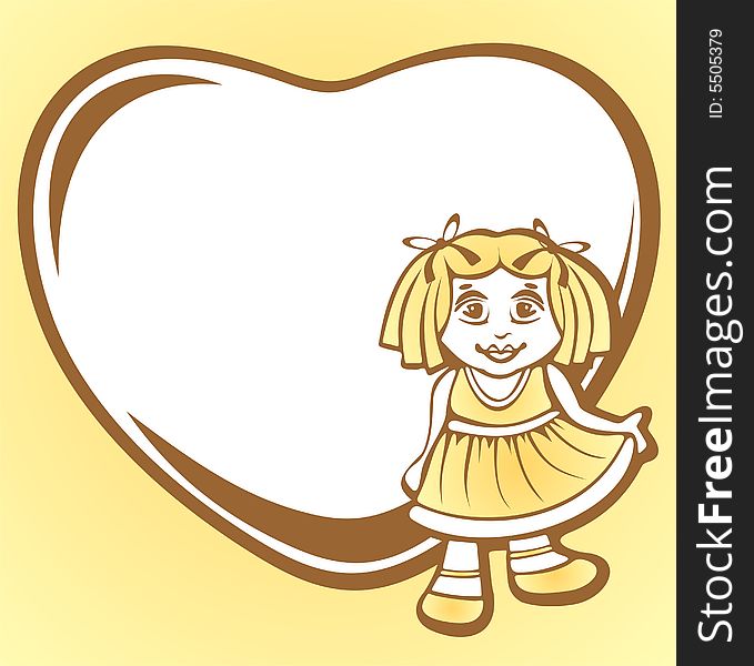 Cartoon  girl with  heart frame on a yellow background. Cartoon  girl with  heart frame on a yellow background.