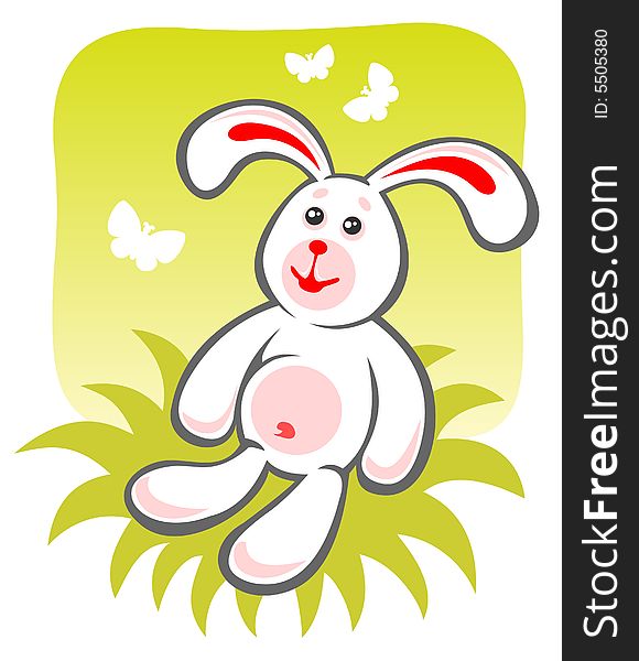 Cartoon happy rabbit sitting on a green background. Cartoon happy rabbit sitting on a green background.