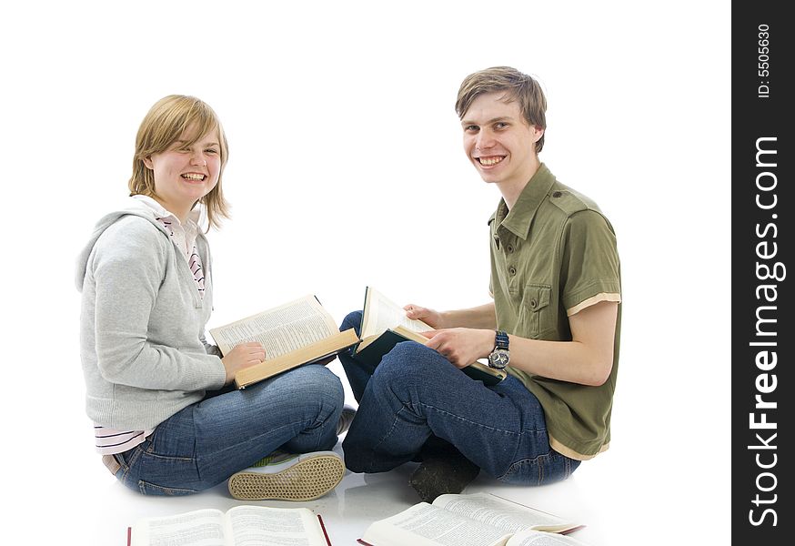 The two young students isolated on a white background