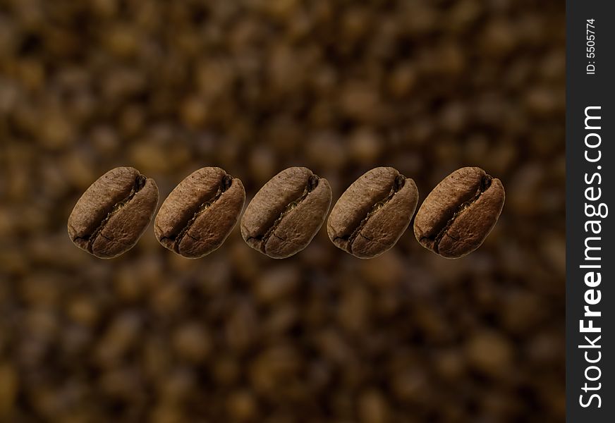 Five coffee beans in line. Five coffee beans in line