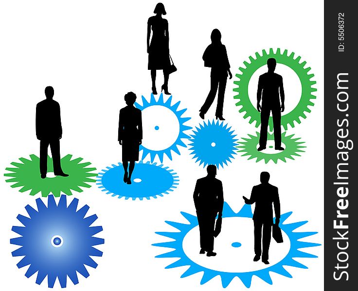 Illustration of business people and cogwheels