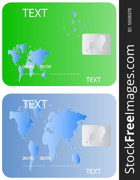 Illustration of banking cards, green, blue