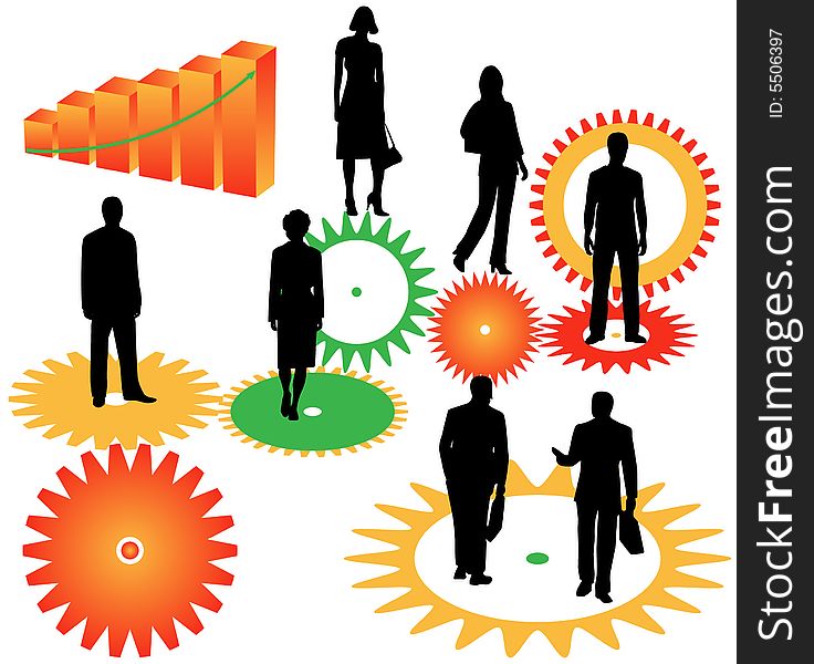 Illustration of business people, graph and cogwheels