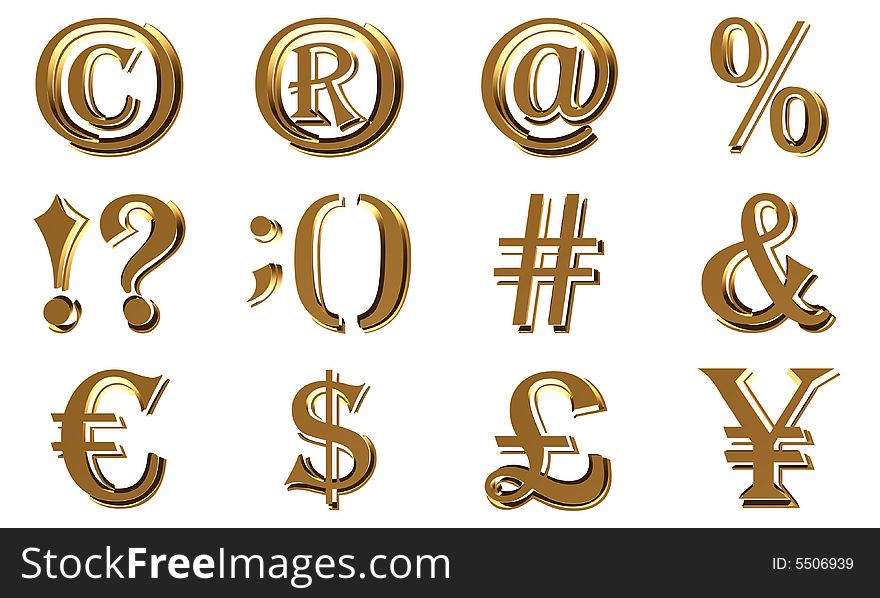 3D symbols. Currency, smiles, computer symbols. Isolated on white background.