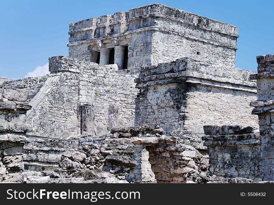 The main temple of Tulum, Mayan archaeological site, the only one that was found on a shore of Caribbean Sea, Mexico.