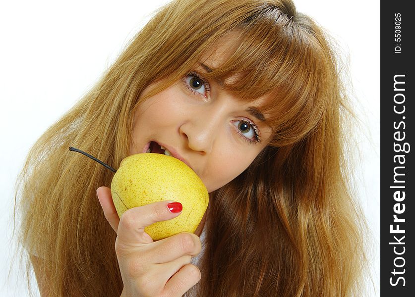 Beautiful Young Woman Looking At Apples.