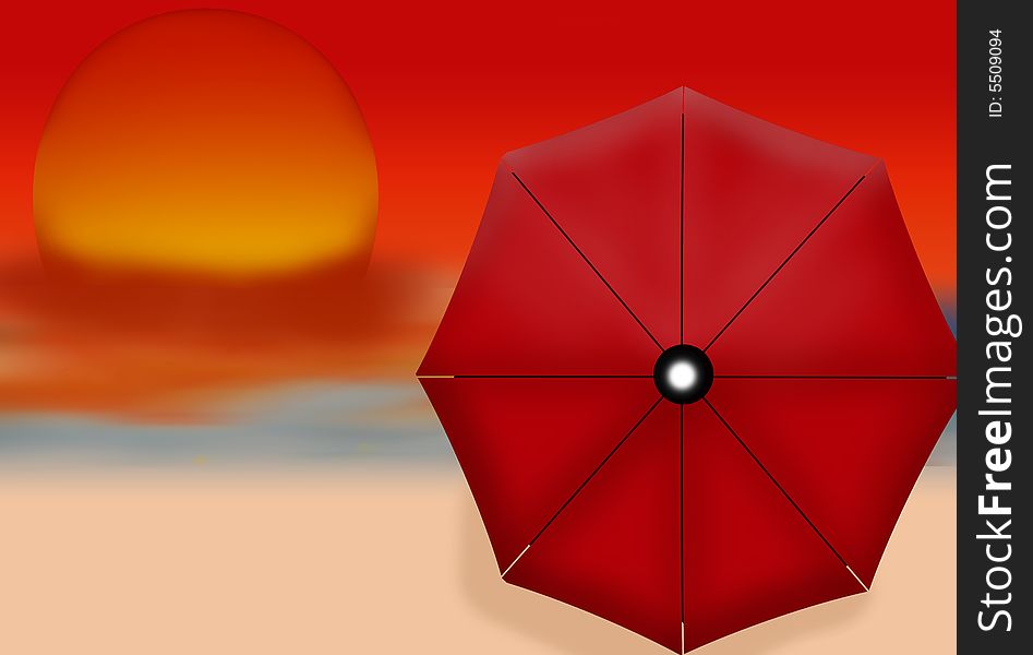 This is an illustration of a red umbrella on the beach as the sun is setting.