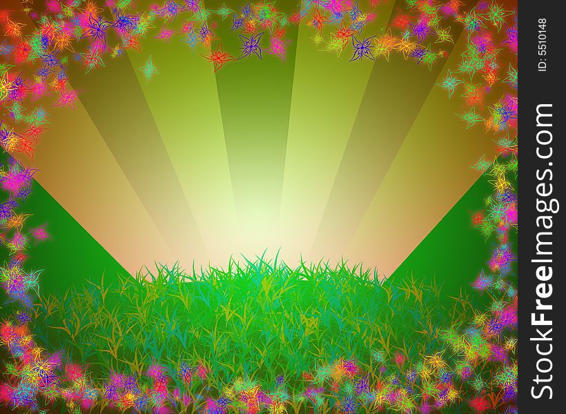 Card with the image of a grass on the center and with multi-coloured florets on edges