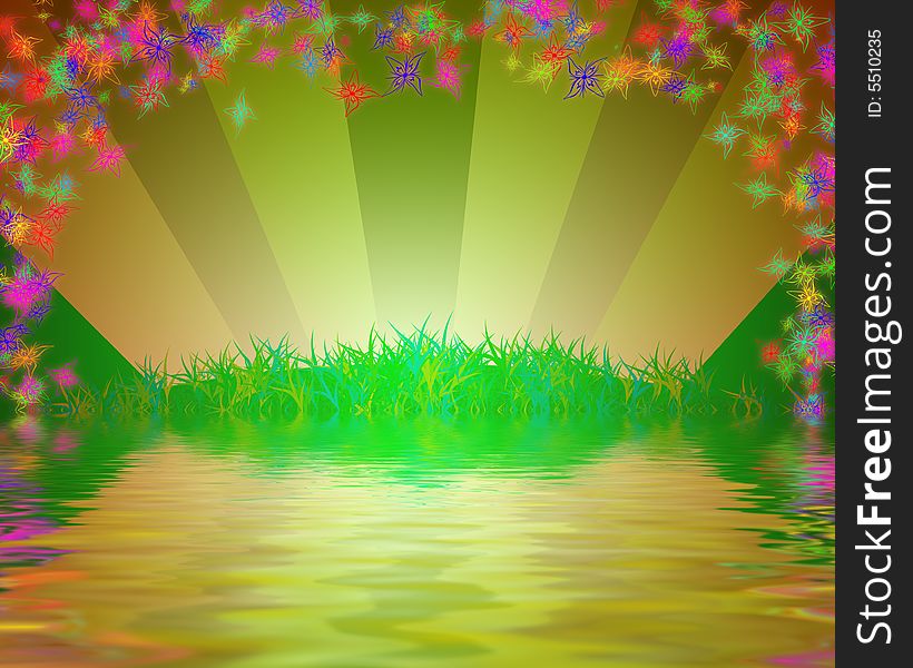 Card with the image of a grass, its reflection in water and multi-coloured florets