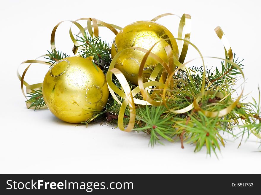 Christmas decoration - golden balls and pine needles. Christmas decoration - golden balls and pine needles