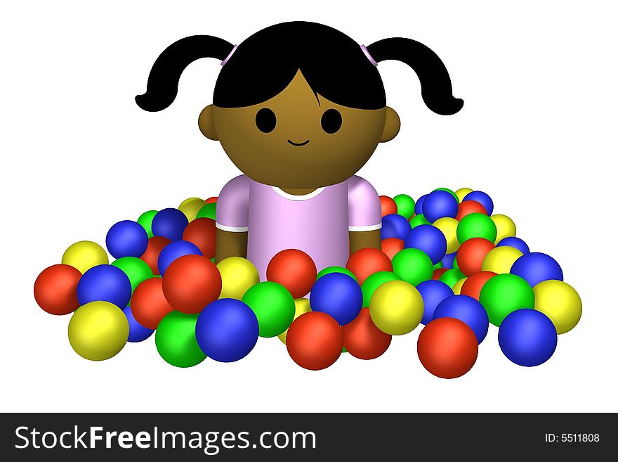 3D illustration of a girl playing in a pool of plastic balls. 3D illustration of a girl playing in a pool of plastic balls