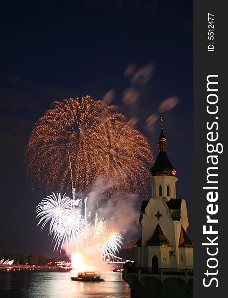 Firework And Church On River