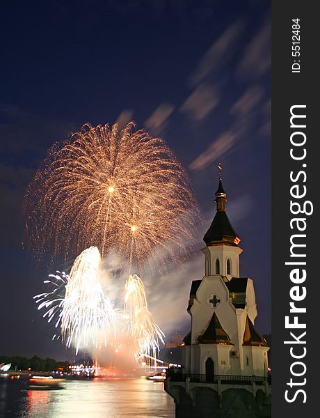 Firework And Church On River