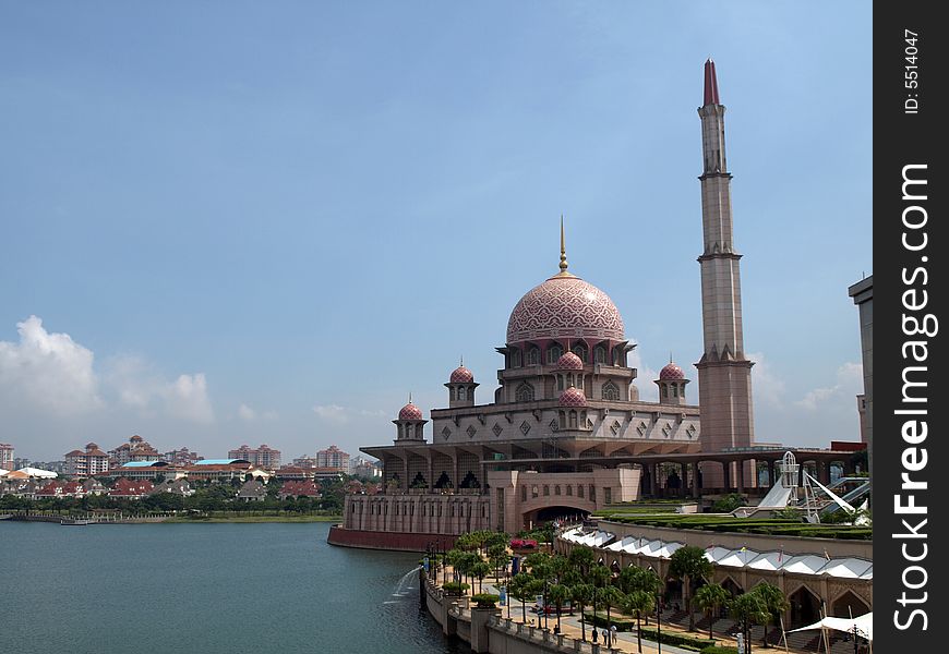 The Putra Mosque or Masjid Putra in Malay language, is the principal mosque of Putrajaya, Malaysia. Construction of the mosque began in 1997 and was completed two years later. It is located next to Perdana Putra which houses the Malaysian Prime Minister's office and man-made Putrajaya Lake.
